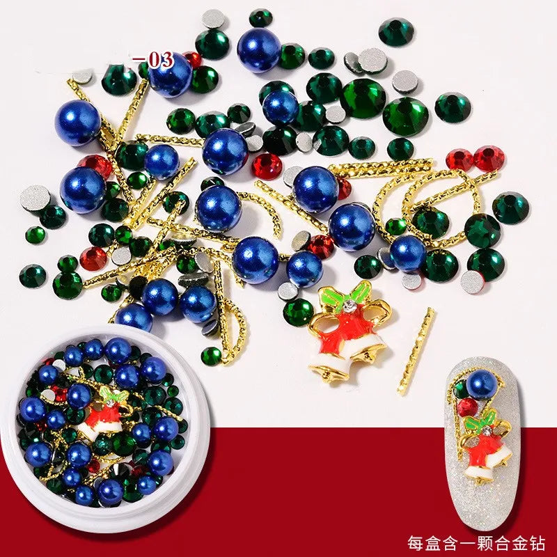 CHS008  Christmas Nail Wheel Glitter Rhinestone Nail Art Decorations Mixed Snowflake Santa Hats 3D Metal Alloy Jewelry