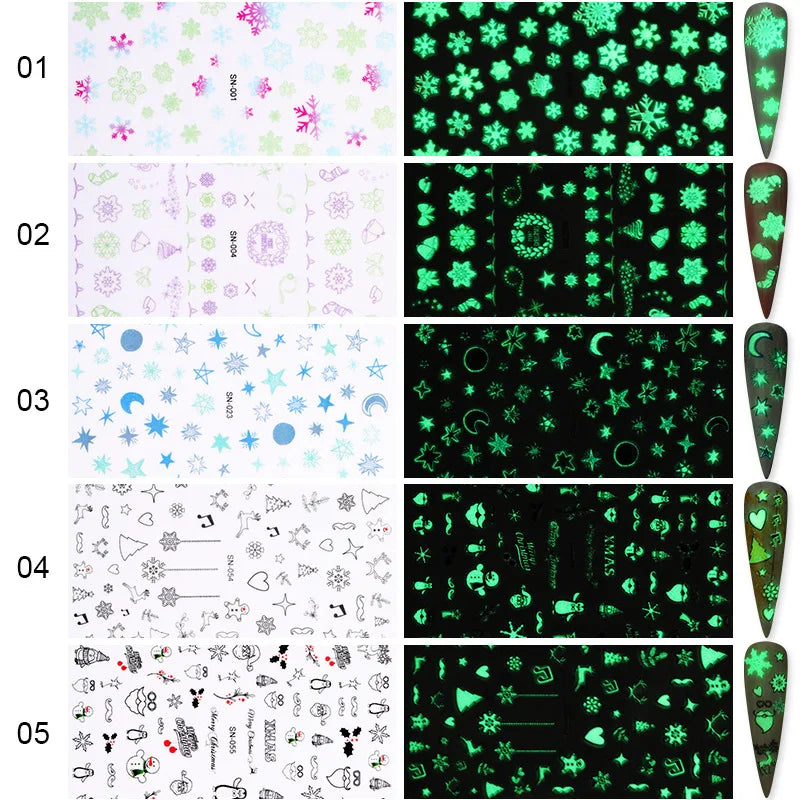 CHS021  Luminous Nail Art Sticker Christmas Snowflake Patterns 3D Nail Decoration Decals Transfer Glow in Dark 1 Sheet