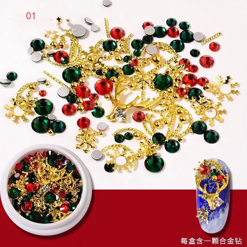 CHS008  Christmas Nail Wheel Glitter Rhinestone Nail Art Decorations Mixed Snowflake Santa Hats 3D Metal Alloy Jewelry