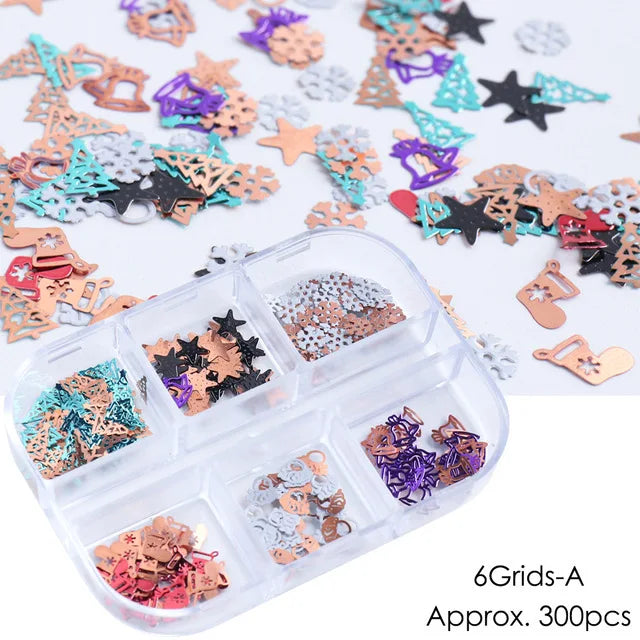 CHS026  Winter Nail Art jewelry Christmas Golden Hollow Computer Tablet Snow Bell Elk Nail Flakes Boxed