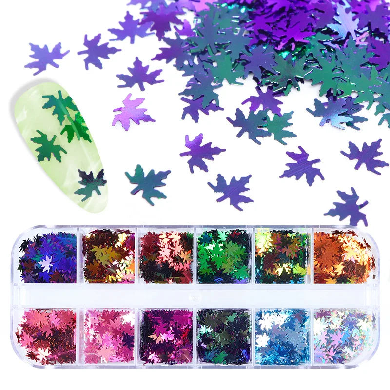 CHS014 12 Grids/Box Gold Maple Leaf Sequins Laser Color Leaves Christmas Thanksgiving Nail Art Sequins