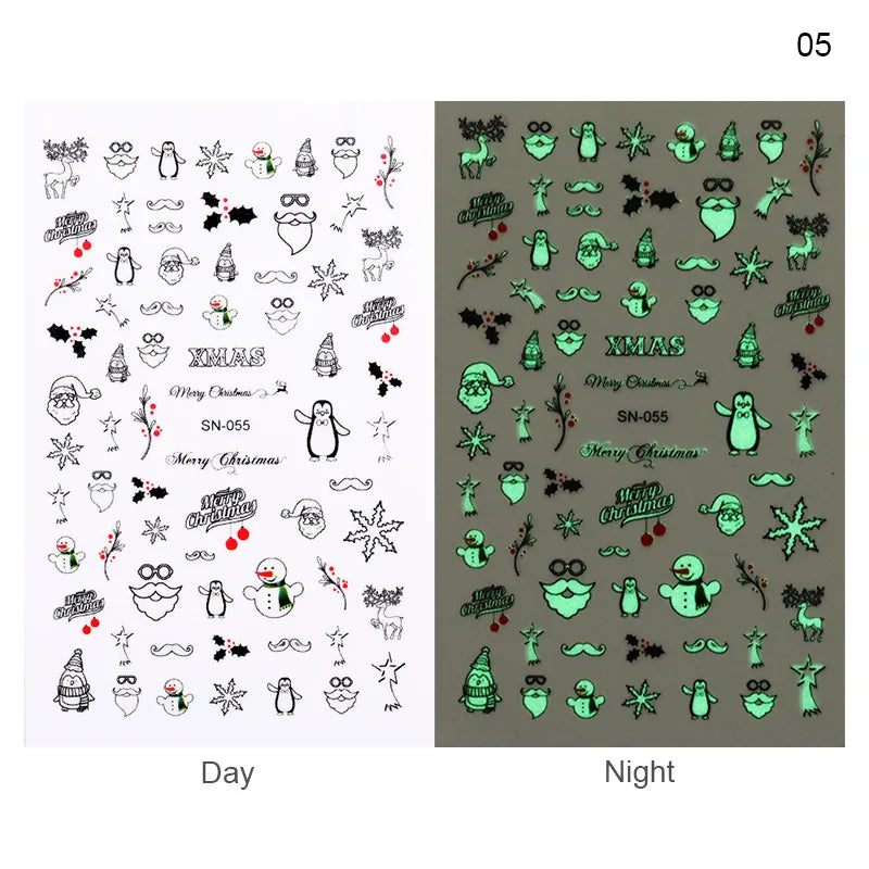 CHS021  Luminous Nail Art Sticker Christmas Snowflake Patterns 3D Nail Decoration Decals Transfer Glow in Dark 1 Sheet