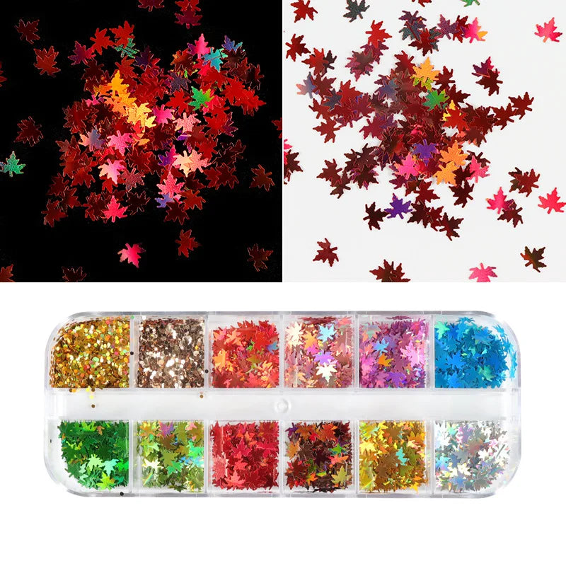 CHS014 12 Grids/Box Gold Maple Leaf Sequins Laser Color Leaves Christmas Thanksgiving Nail Art Sequins