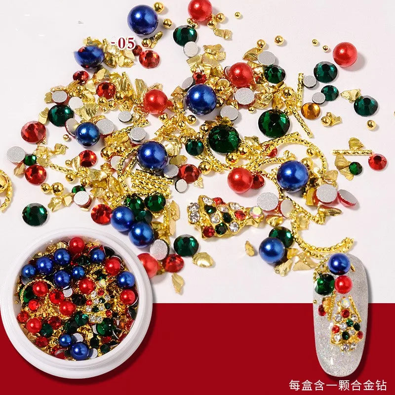 CHS008  Christmas Nail Wheel Glitter Rhinestone Nail Art Decorations Mixed Snowflake Santa Hats 3D Metal Alloy Jewelry