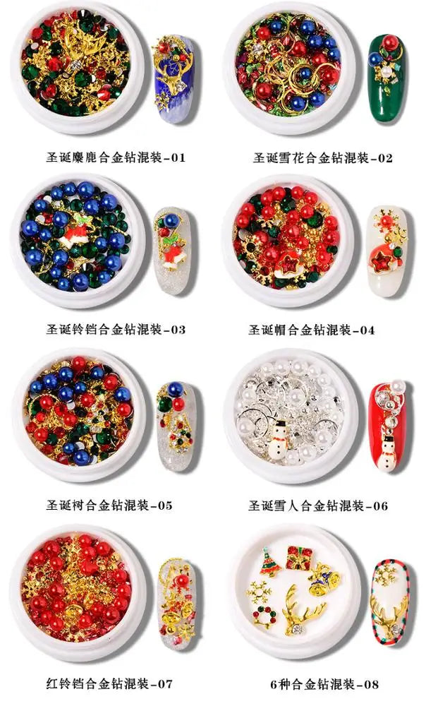 CHS008  Christmas Nail Wheel Glitter Rhinestone Nail Art Decorations Mixed Snowflake Santa Hats 3D Metal Alloy Jewelry