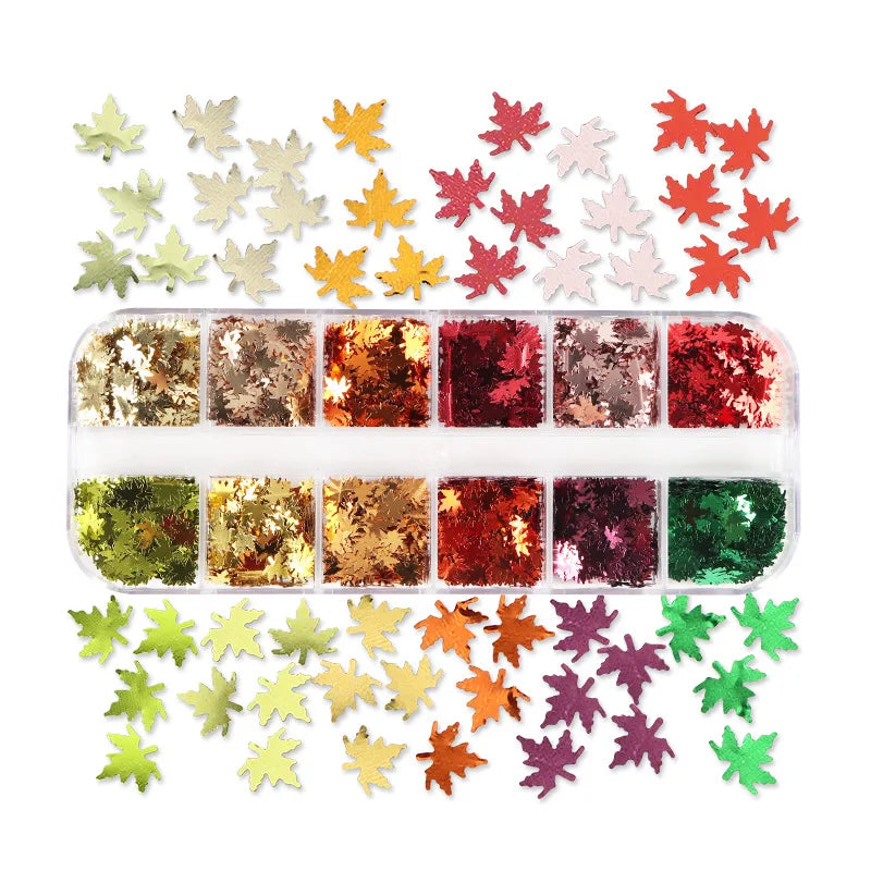 CHS014 12 Grids/Box Gold Maple Leaf Sequins Laser Color Leaves Christmas Thanksgiving Nail Art Sequins