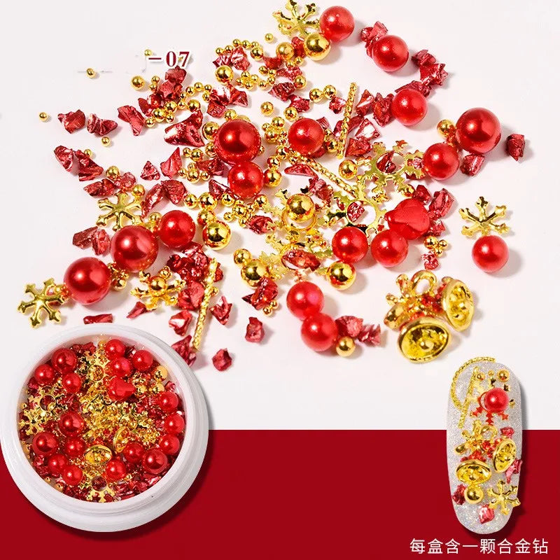 CHS008  Christmas Nail Wheel Glitter Rhinestone Nail Art Decorations Mixed Snowflake Santa Hats 3D Metal Alloy Jewelry