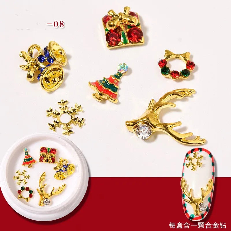 CHS008  Christmas Nail Wheel Glitter Rhinestone Nail Art Decorations Mixed Snowflake Santa Hats 3D Metal Alloy Jewelry