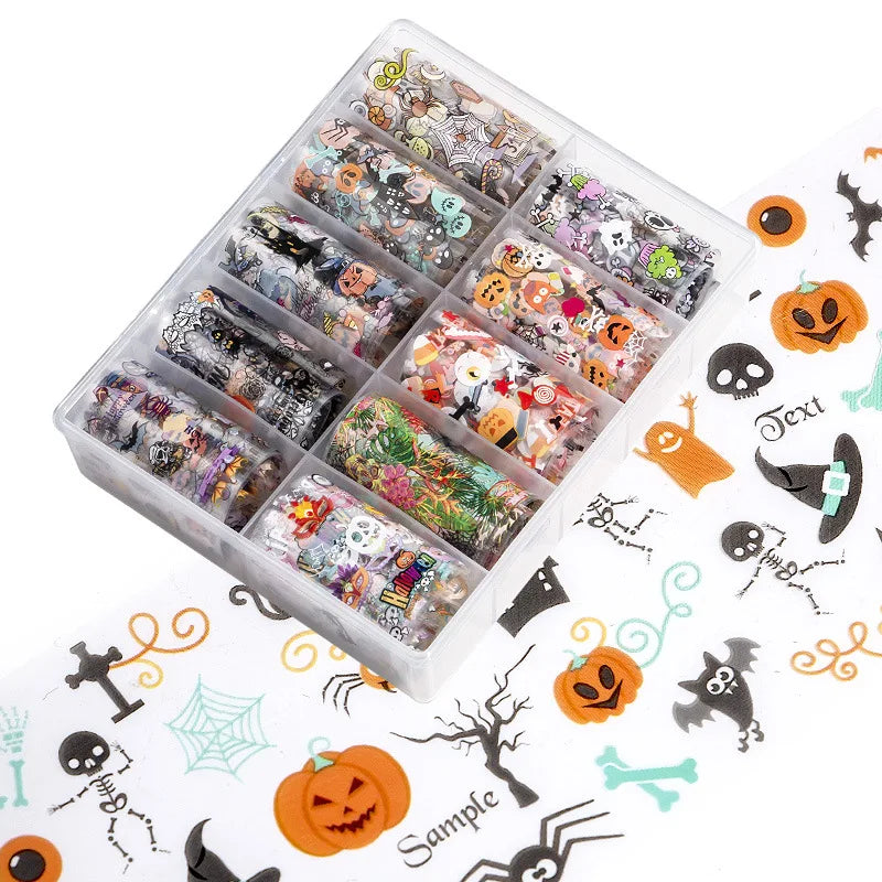 CHS016  Set of 10pcs christmas Nail Foil (10 colors) transfer Paper Decals Nail Art Transfer Sticker Halloween Nail Tool