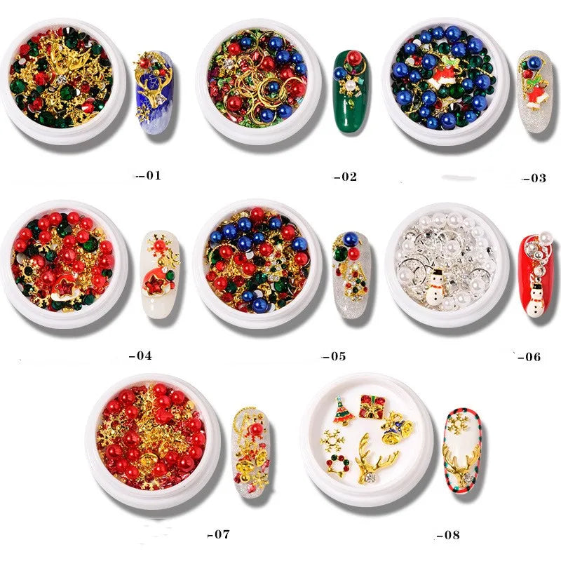 CHS008  Christmas Nail Wheel Glitter Rhinestone Nail Art Decorations Mixed Snowflake Santa Hats 3D Metal Alloy Jewelry