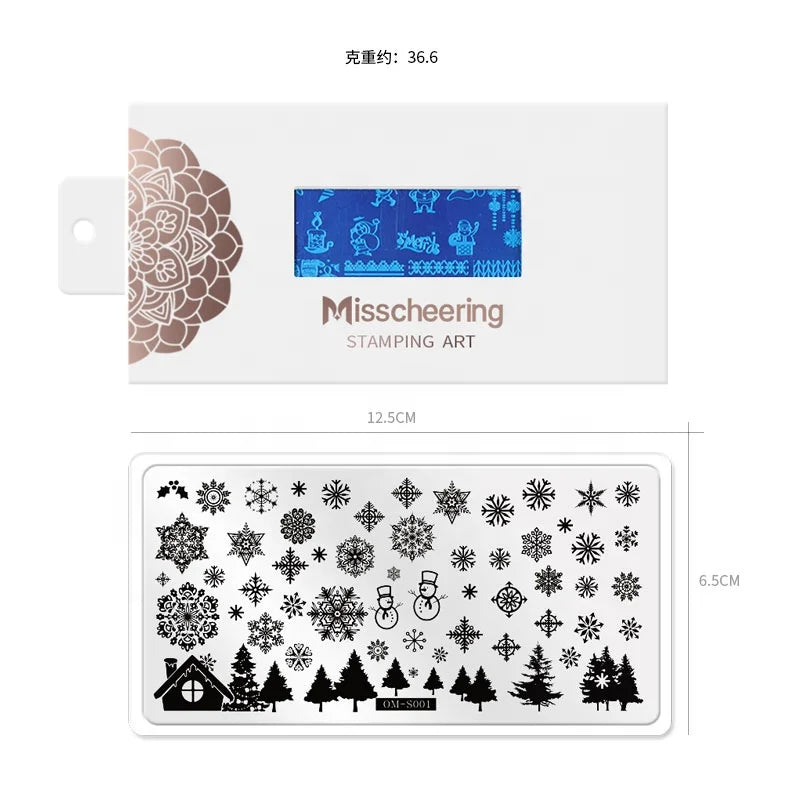 CHS006  6.5*12.5cm Top Quality Christmas Halloween XMAS Custom Snowflake Nail Art Stamping Plates with White Slatwall Back