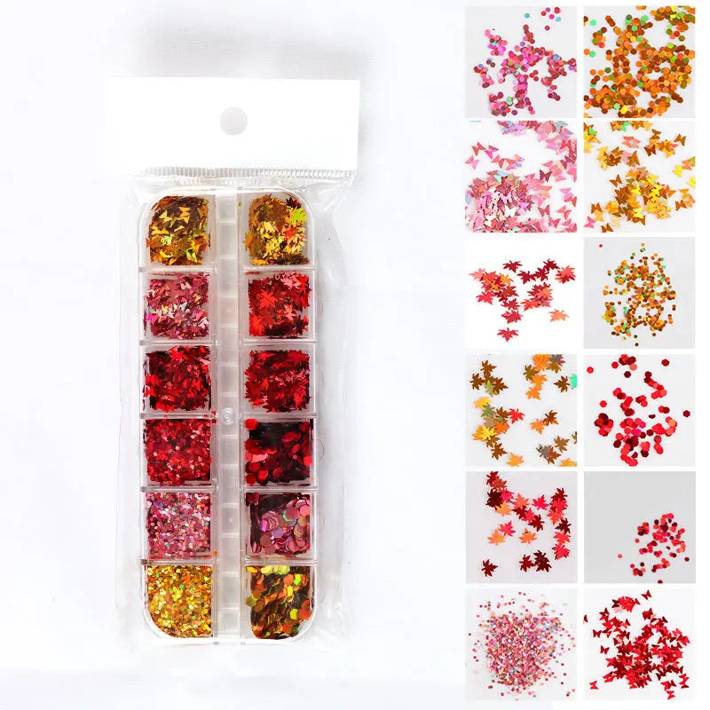 CHS014 12 Grids/Box Gold Maple Leaf Sequins Laser Color Leaves Christmas Thanksgiving Nail Art Sequins