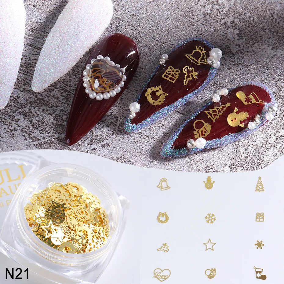 CHS022  new Christmas golden hollow metal color snowflake bells elk nail decoration