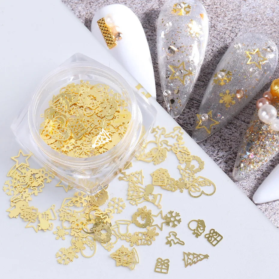 CHS022  new Christmas golden hollow metal color snowflake bells elk nail decoration