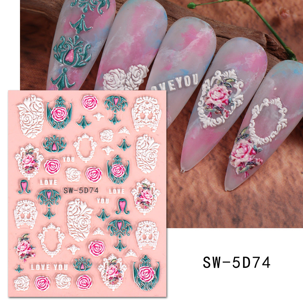 VAL004 Spring manicure stickers wholesale ins retro 5D embossed flowers, grass, roses, birds, clock nail decals