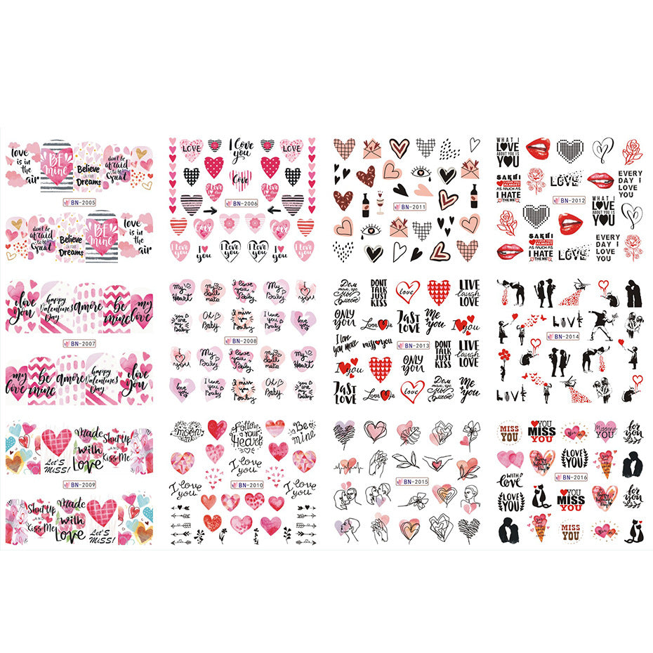 VAL035 New nail art stickers ins European and American Valentine's Day love lip print letter series nail watermark stickers