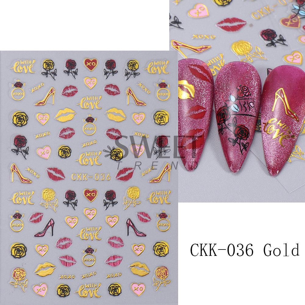 VAL015 New Valentine's Day Nail Art Stickers Bronzing Heart Cupid Lips Black Swan Adhesive Nail Decals