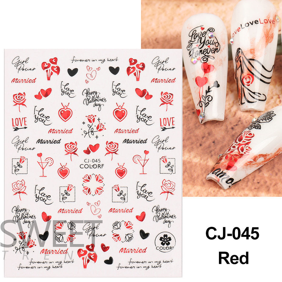VAL022 Valentine's Day Nail Art Stickers Wholesale 3D Hot Stamping Laser Red Black Line Love Rose Lips Nail Stickers