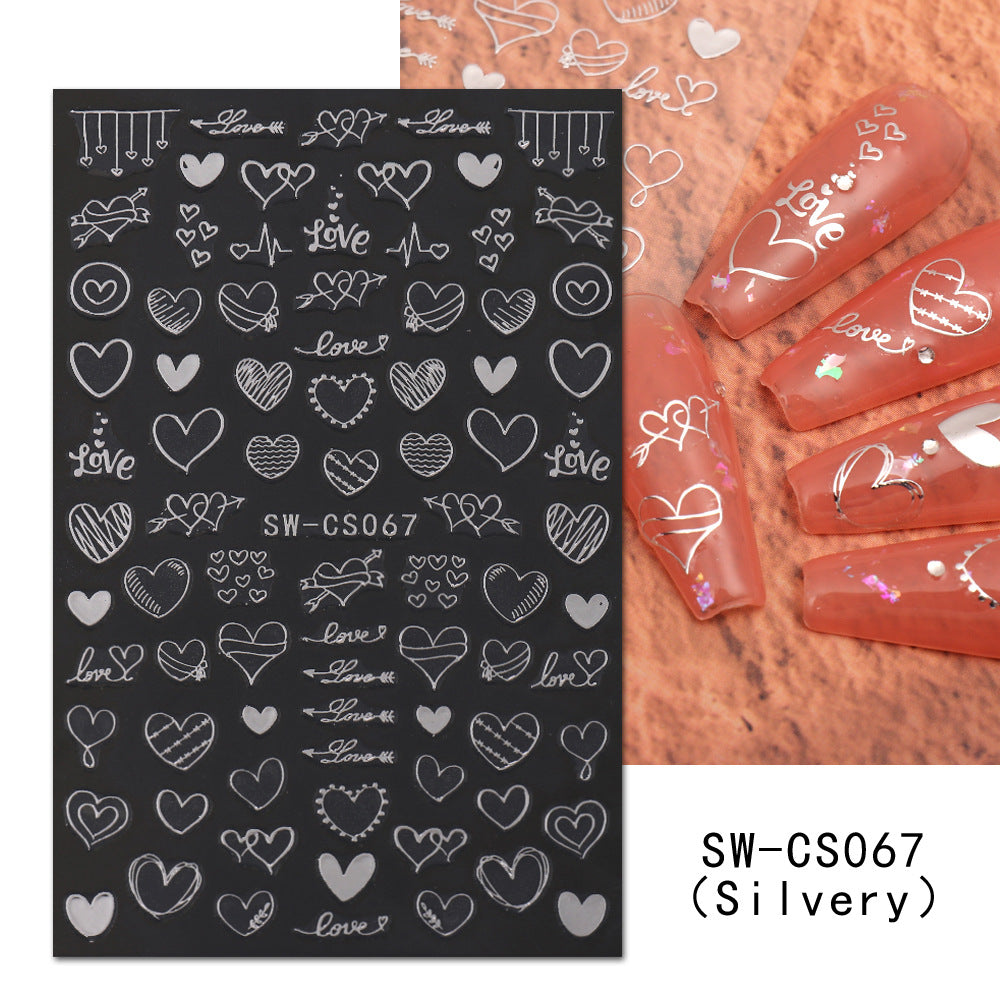 VAL011 Valentine's Day Nail Art Stickers Wholesale Hot Gold Silver Red Love Creed Chain Through Heart Decals Nail Stickers