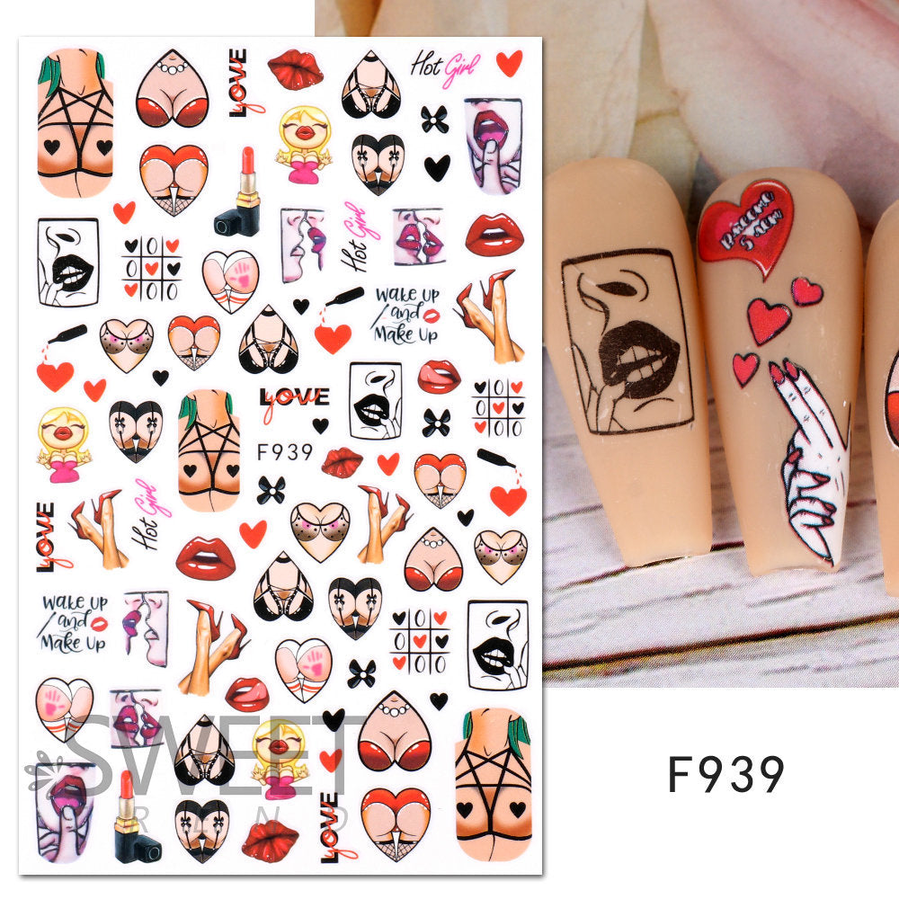 VAL019 Valentine's Day Nail Art Stickers Wholesale Ins Hot Style Red Lips Sexy Heart LOVE Cartoon Bear Nail Decal