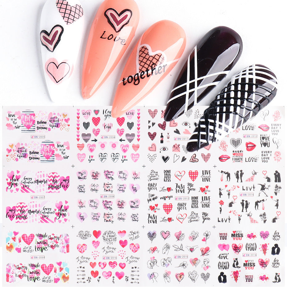 VAL034 Nail Art Stickers ins European and American Valentine's Day Love Steam Bubble Lip Print Letters Water Transfer Nail Stickers