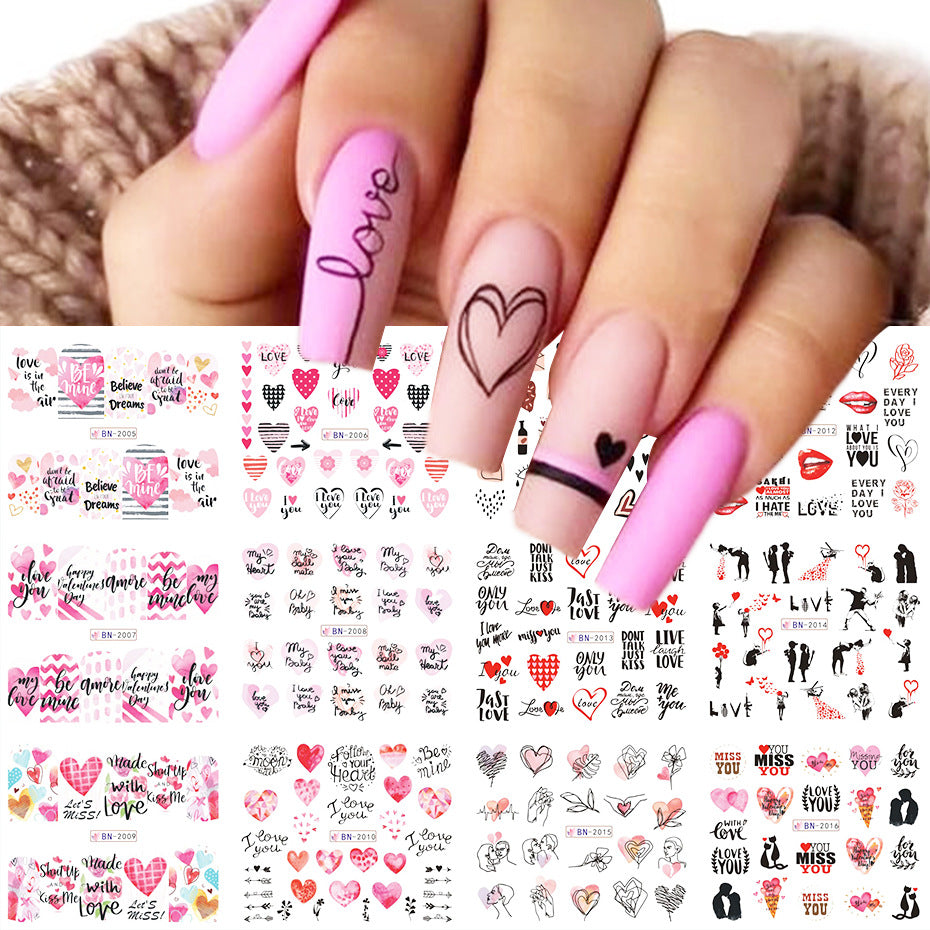 VAL003 New nail art stickers ins European and American Valentine's Day love lip print letters donut watermark nail stickers