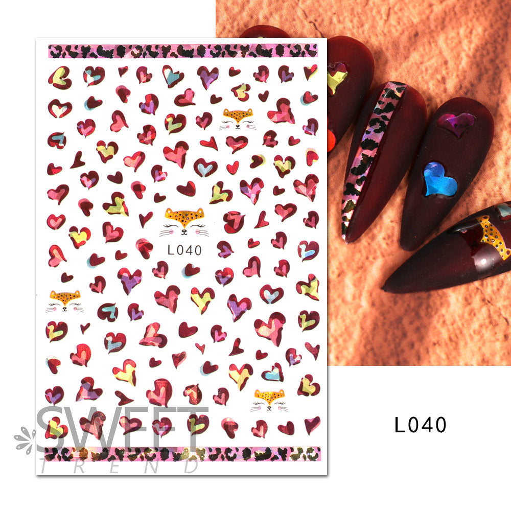 VAL013 Nail Art Stickers Wholesale Ins Hot Style Color Laser Heart Animal Leopard Print 3D Nail Decal Valentine's Day Manicure