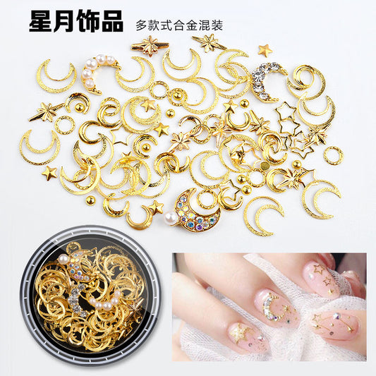 FDMC011 New manicure star and moon jewelry mixed set, metal copper round rivets sequins nail drill decorations