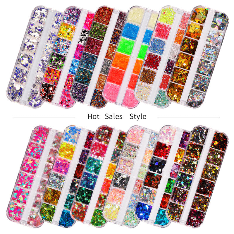 FDMD017 Hot Selling Nail Art Sequins, Heart Laser Symphony Butterfly Fluorescent Luminous Sequins, Boxed