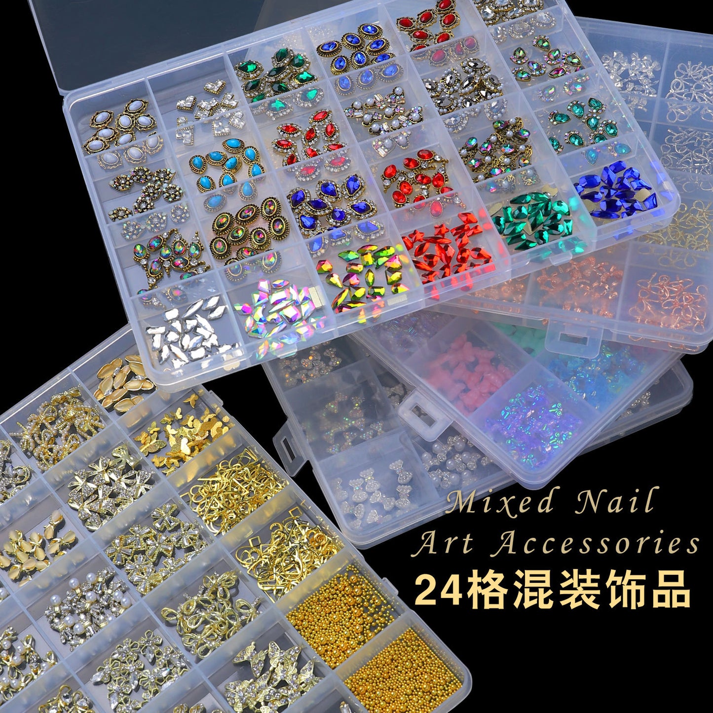 FDMC027 Cross-border 24-grid rhinestone box, flat-bottom glass special-shaped drill mixed, nail stick drill nail jewelry set