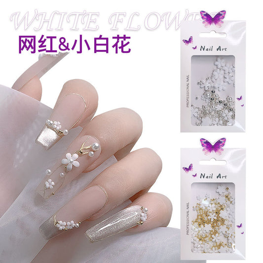 FDMD009 Small white flower size mixed decoration steel ball nail art flower finished three-dimensional resin white five-petal flower