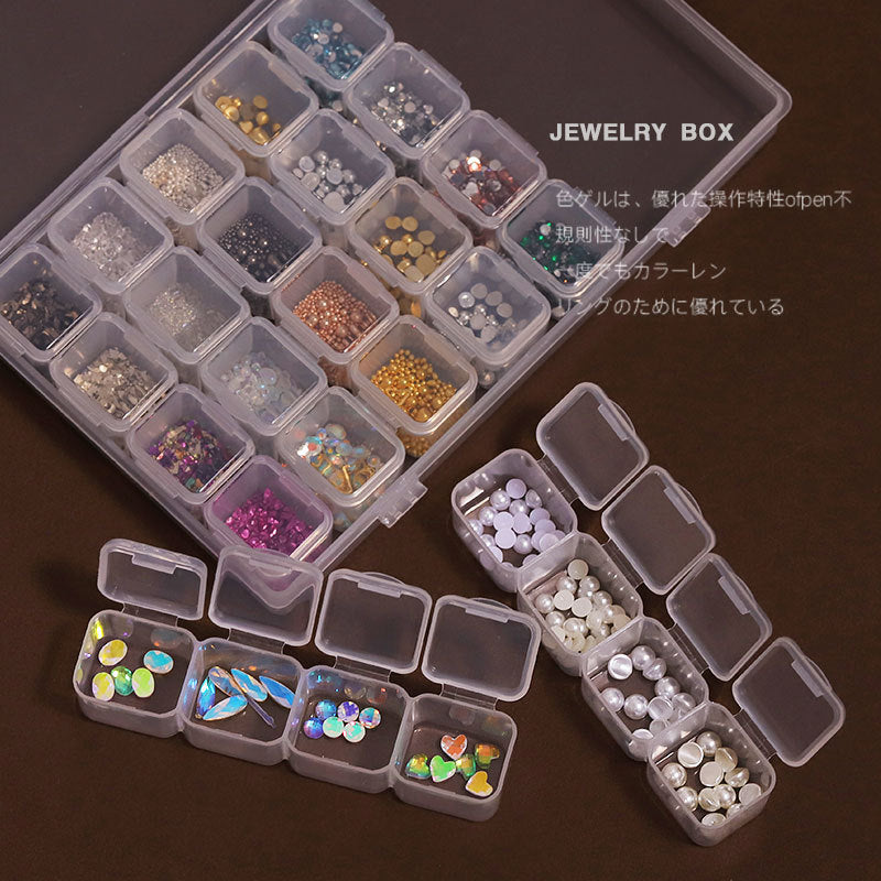 FDMD006 Assortment of 28 Nail Art Accessories, Pearl Rivets, Steel Beads, Shells, Gold and Silver Foil, Nail Shop Jewelry Box
