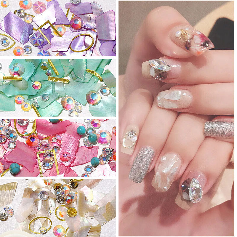 FDMC030 Nail Art Jewelry, Flat Bottom Shaped Diamond, Pearl Metal Ring Mixed Diamond Nail Jewelry