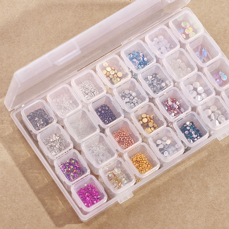 FDMD006 Assortment of 28 Nail Art Accessories, Pearl Rivets, Steel Beads, Shells, Gold and Silver Foil, Nail Shop Jewelry Box