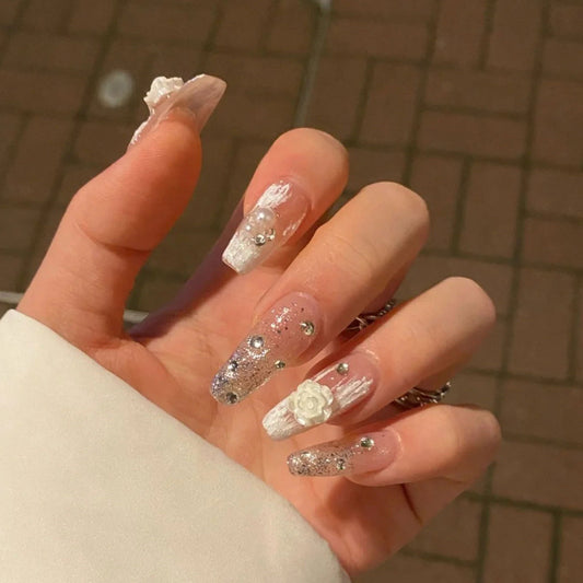 FDMD004 Camellia manicure, white aurora three-dimensional flower bow, nail accessories diamond ornaments