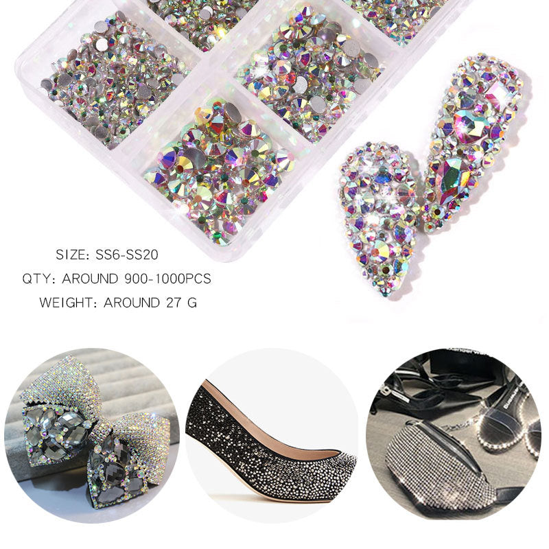 FDMA003 Manicure, flat bottom mixed color AB, porcelain white, champagne, 6 grid nail jewelry with diamonds