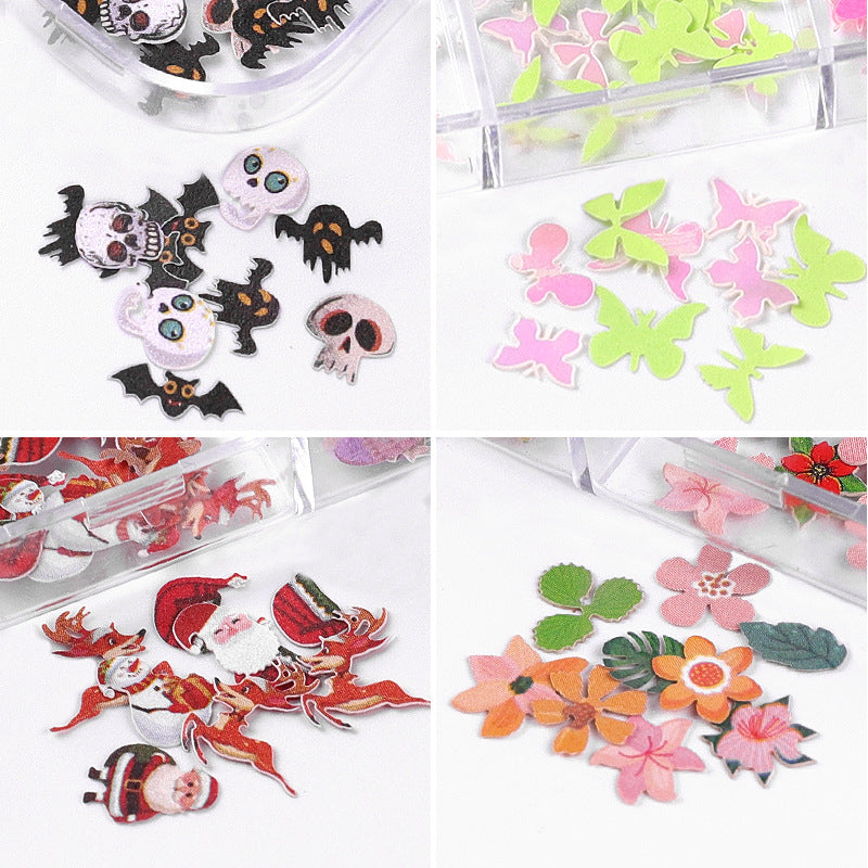 FDMC029 Nail Art Wood Pulp Sheets, Christmas Colorful Flower Butterfly Set, Halloween Nail Ornaments 12 Packs
