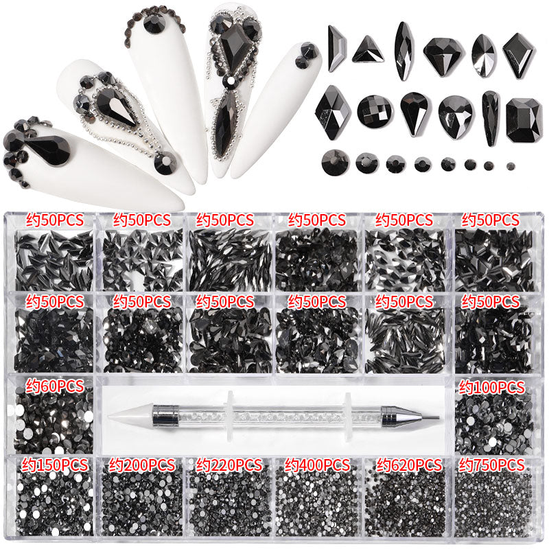 NRB008 Crystal black Nail Art Mix Shape Fancy Shaped In Box Flat Bottom Glass nail rhinestone art decoration black rhinestones