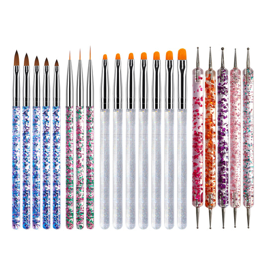 NBR038 20pcs Sequins Crystal Nail Brush Set Acrylic Handle Nylon Hair Carved Line Nail Art Painting Pen Nail Dotting Pen Set