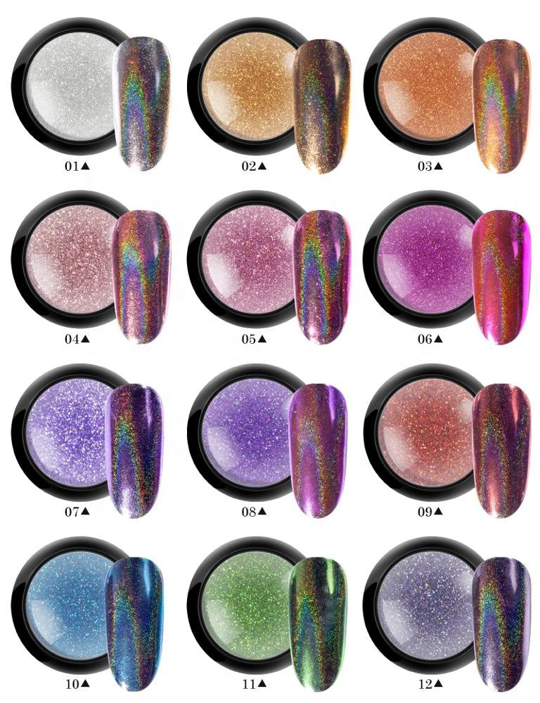 FNP111 12 Color Holographic Nail Glitter Powder Set Shining Pigment Laser Paillettes Mermaid Flakes Nail Art Decoration