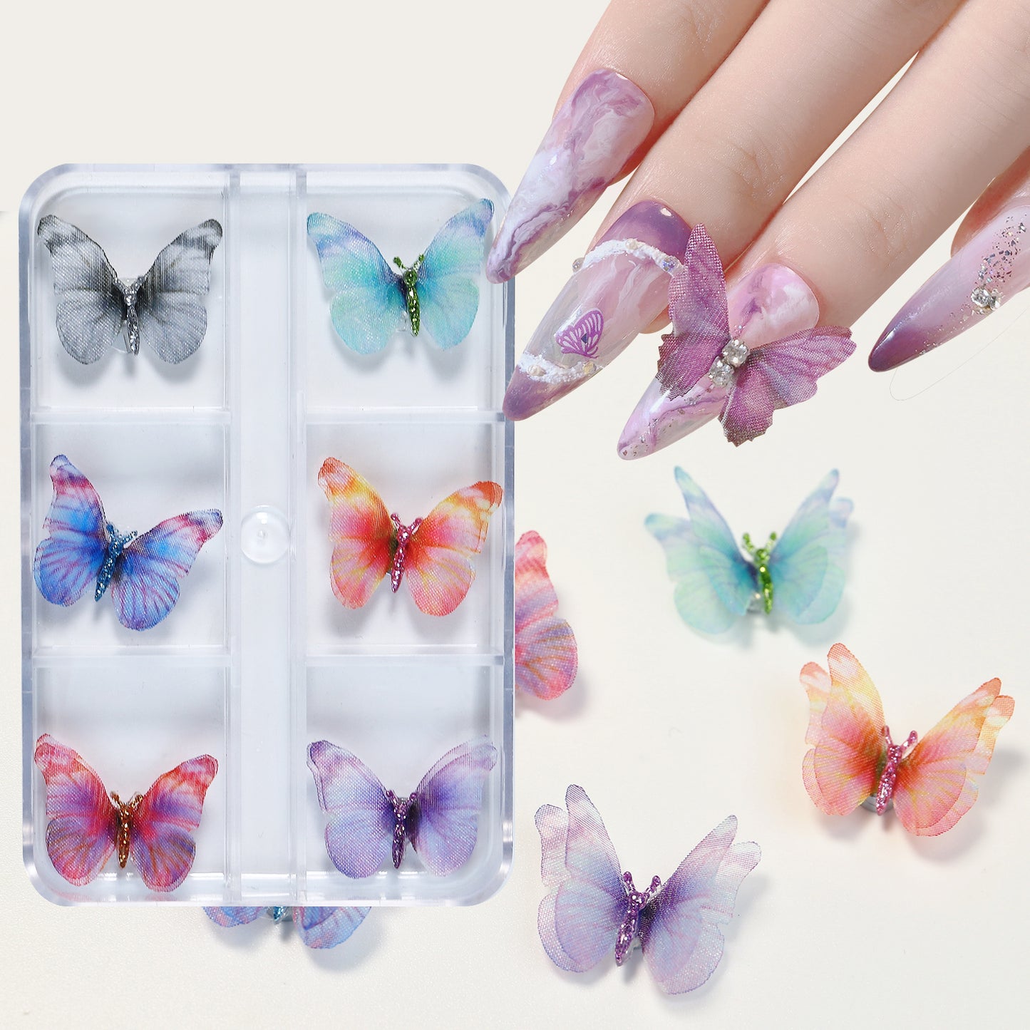 NZJ010 New Magnetic Removable Nail Art Simulation Butterfly Jewelry 6 Grid/Boxed Tulle Butterfly Jewelry