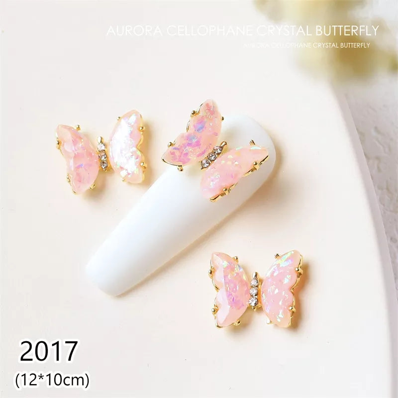 NZJ030 3D Crystal Butterfly Nail Art Charms Aurora Clear Glass Rhinestone AB Color Shiny Alloy