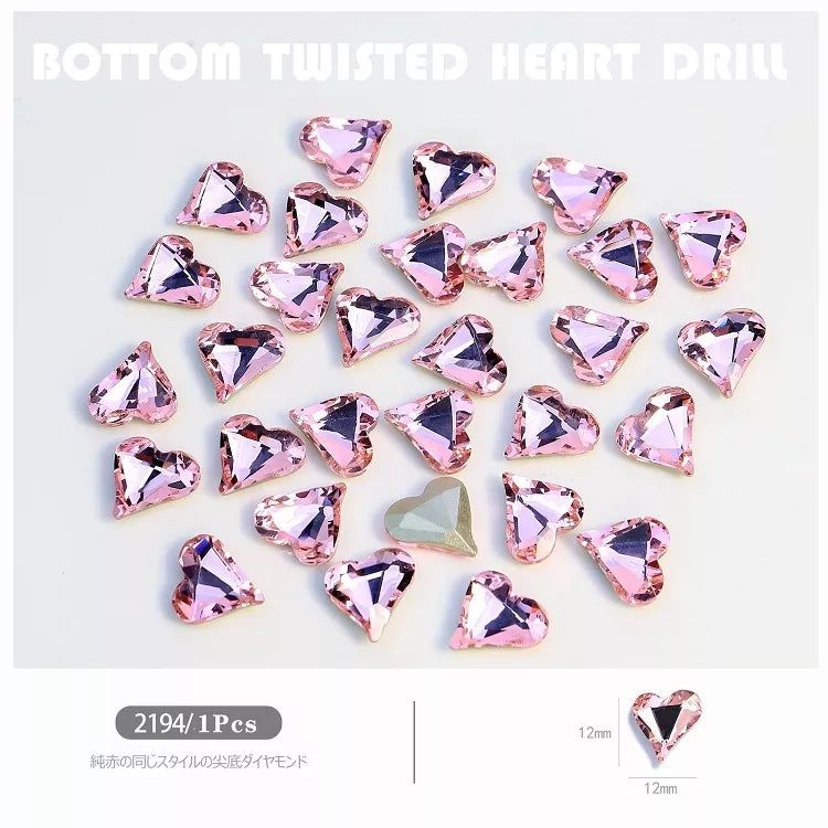 NZJ027 Large Nail Art Rhinestone Pointed Bottom Crooked Heart High Quality Glass Stone Fashion Fingernail DIY Decoration Accessories