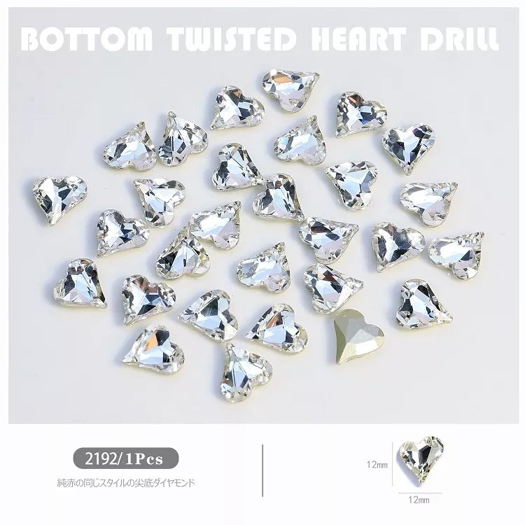 NZJ027 Large Nail Art Rhinestone Pointed Bottom Crooked Heart High Quality Glass Stone Fashion Fingernail DIY Decoration Accessories