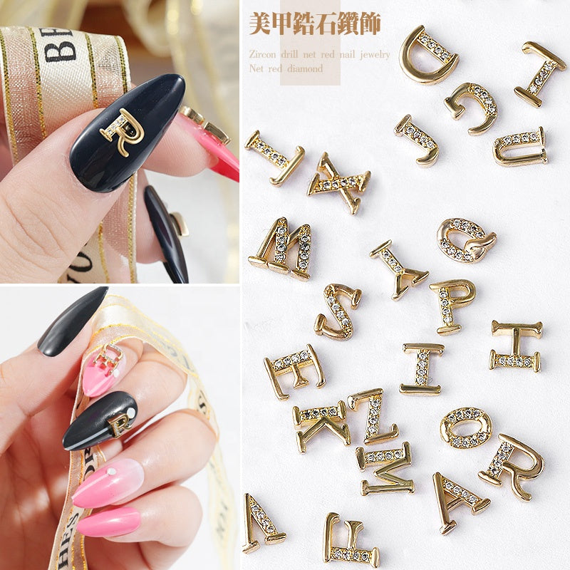 NZJ056 Alloy Crystal Nail Rhinestones 3d Charm 26 letters Decorations Metal Studs Zircon jewelry For DIY Nail Art