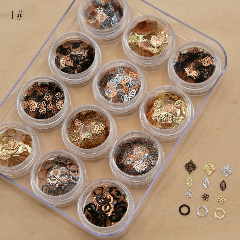 NRD012 1 box Gold Hollow Out Nail Glitter Sequins Mixed Flowers Star Designs Metal Thin Slice Paillette Polish Nails
