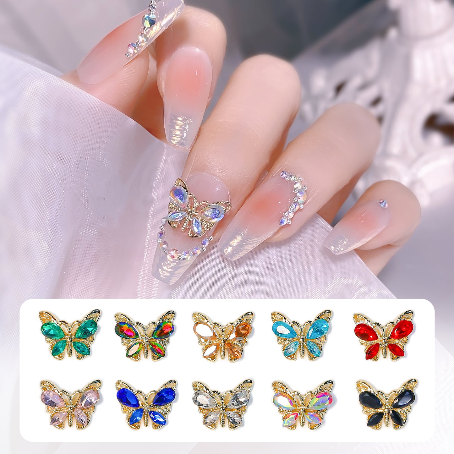 NZJ049 New luxury shiny 3D alloy crystal butterfly zircon nail accessories wholesale