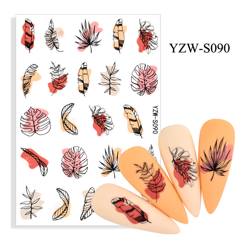 NS5D008   Black Lines Flower Leaves Water Decals Stickers Plant simple line nail stickers