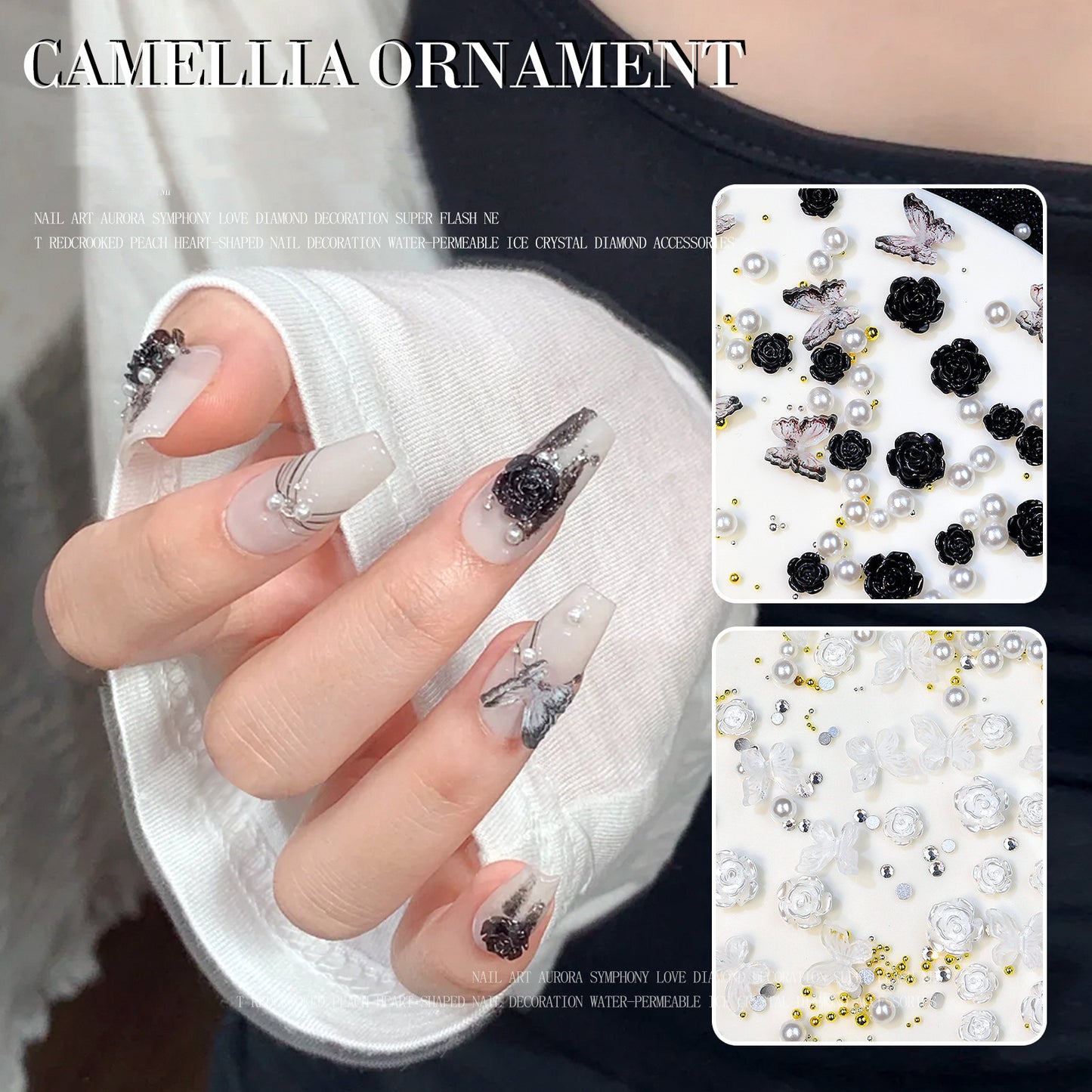 NZJ024 1 Box Rose Flower Black Little Magic Box Set Nail Art Decoration Camellia Pearl Bow Knot Mixed 3D Fingernail DIY Accessories