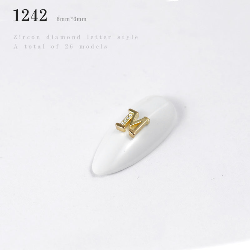 NZJ056 Alloy Crystal Nail Rhinestones 3d Charm 26 letters Decorations Metal Studs Zircon jewelry For DIY Nail Art